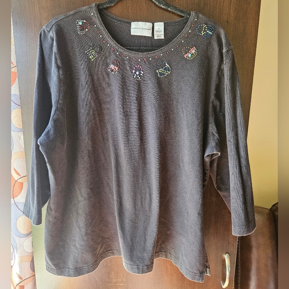 Alfred Dunner Black Crewneck Top with Multicolor Beaded Accents
